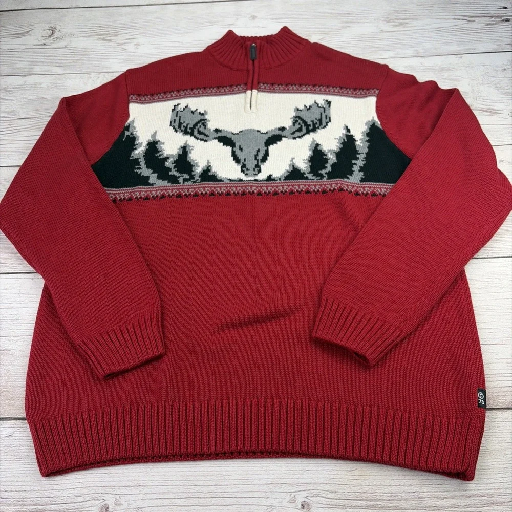 Chaps Men's XL 1/4 Zip Cotton Knit Cardigan Long Sleeve Moose Head Sweater Red